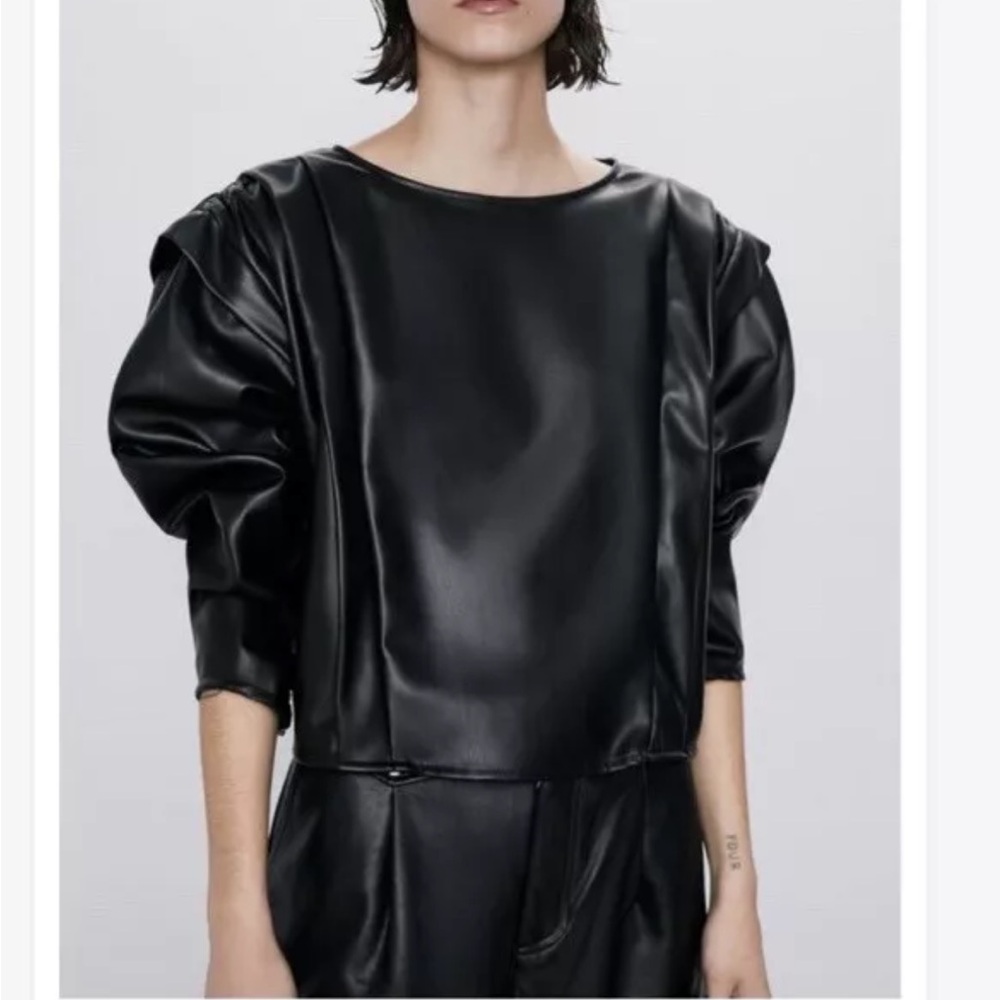 Zara Ruffled Faux Leather Long Sleeve Top Black Size S NEW